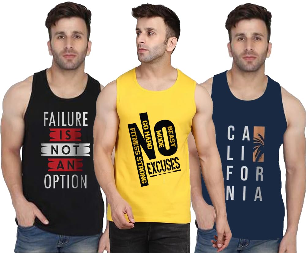 tadeo Men's Sleeveless Gym Tank Top | Dryfit Round Neck Printed Sando/Baniyan for Workout and Casual Wear | Muscle Vest for Gym, Beach & Casual Tshirt Men Ganji | Multicolor_Pack of 3-picture-19