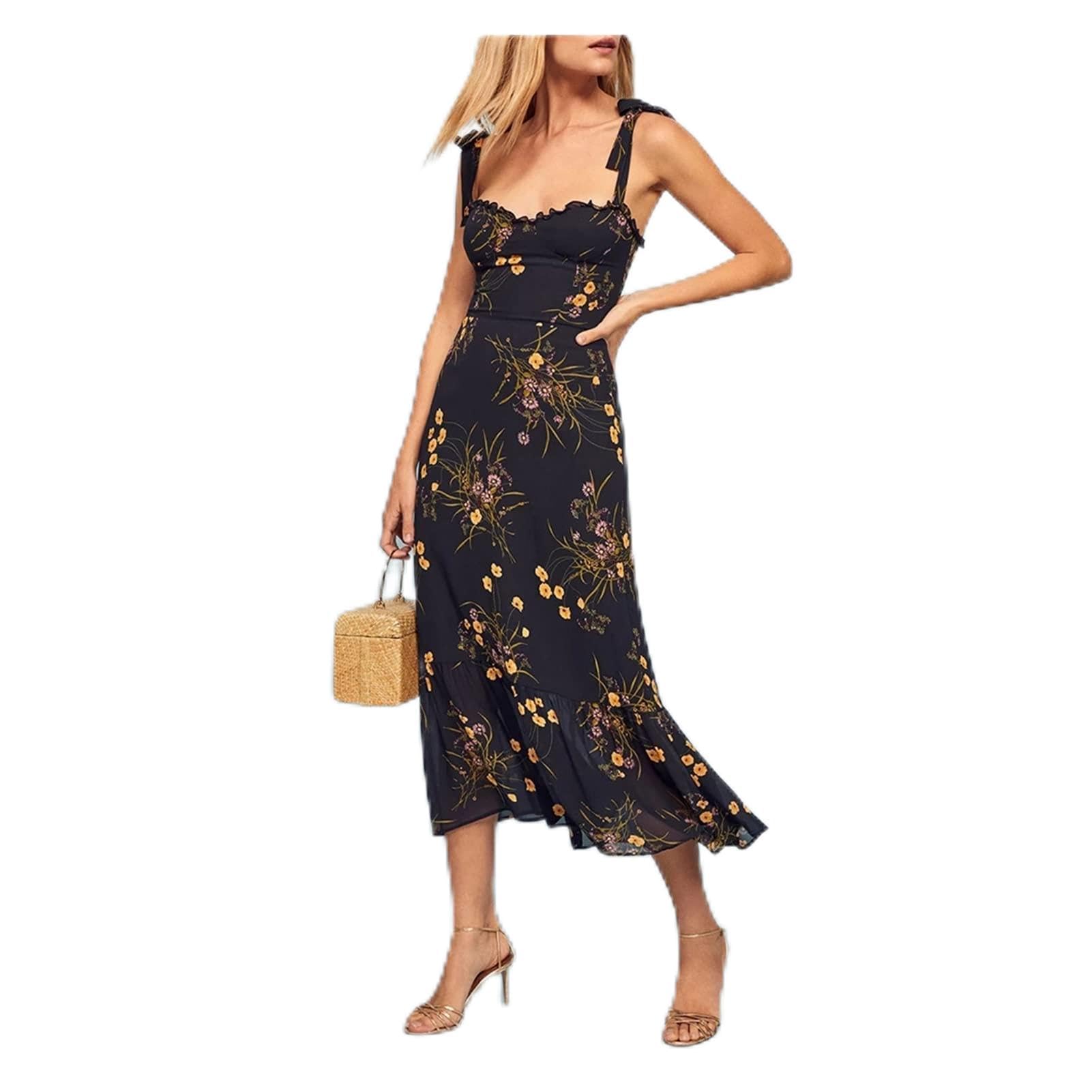 Abito da Donna Abito Floreale Abito da Spiaggia Estivo con Volant Senza Maniche con Scollo a Balze (Color : Black, Size : M Code)
