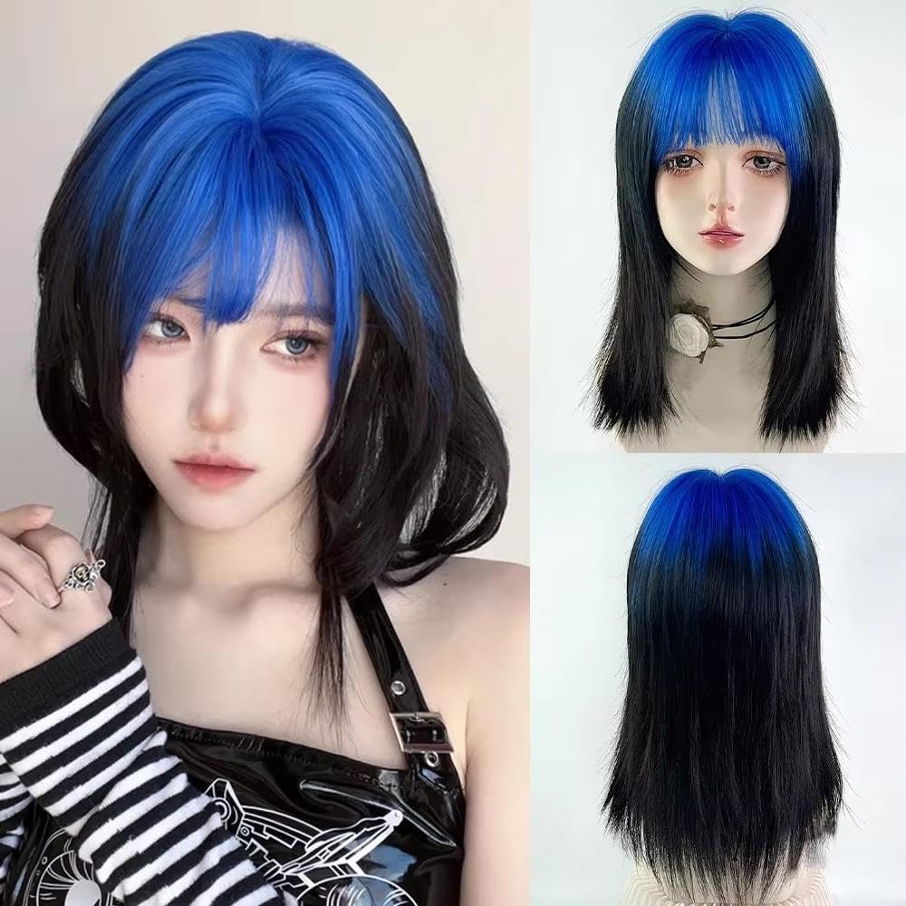 Accessori Parrucche Parrucca Da Donna Corta Diritta Blu Ombre Nera Con Frangia Cosplay Resistente Al Calore Per La Festa Quotidiana