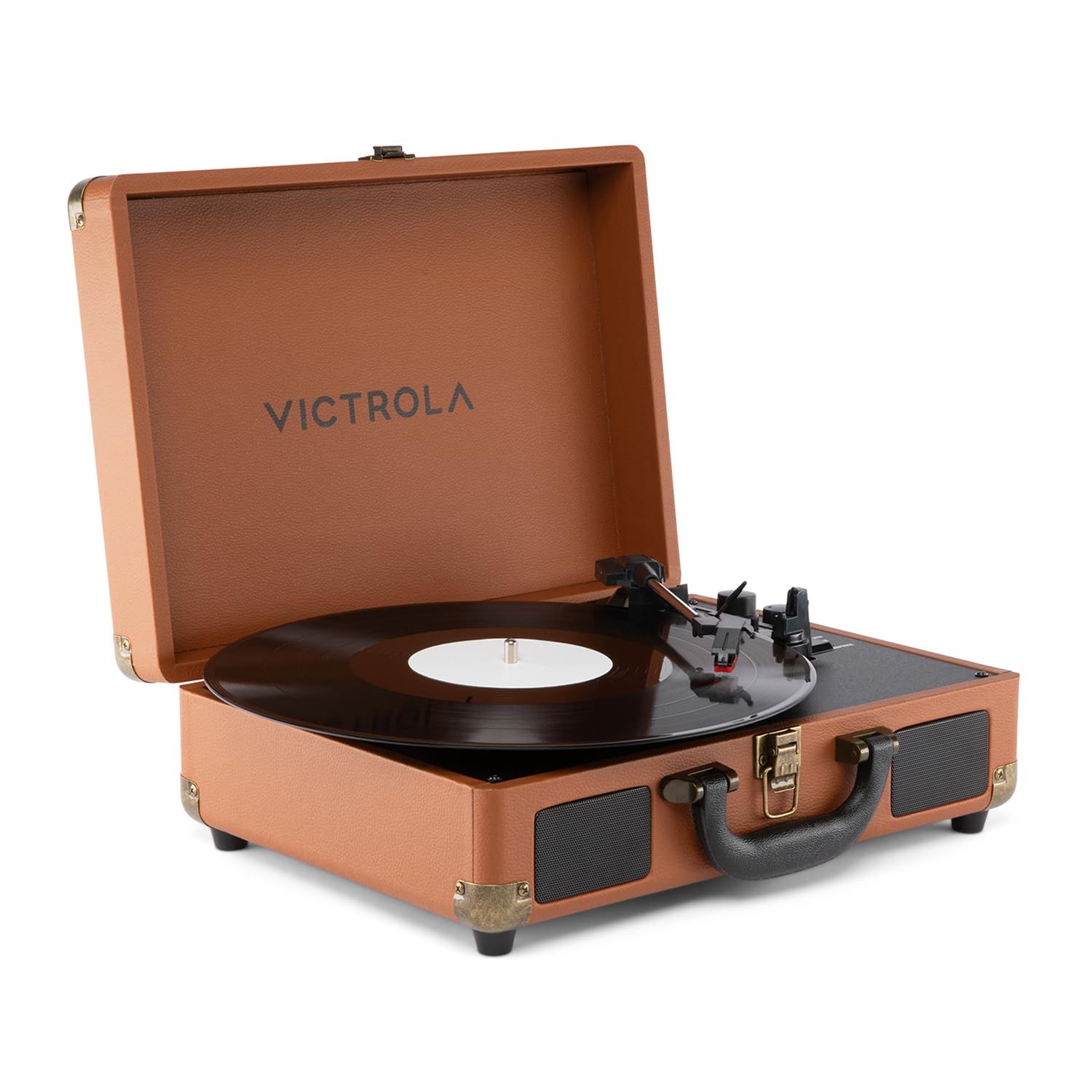 Victrola Journey II – Platine Vinyle Valise Portable Bluetooth – Haut-parleurs stéréo puissants intégrés avec Basses renforcées, Platine 3 Vitesses (33/45/78 TR/Min), Sorties RCA & Casque (Marron)