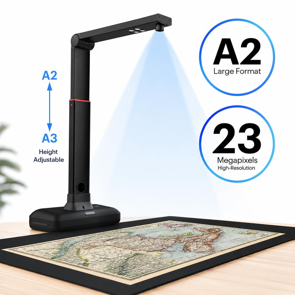 Scanner per documenti con risoluzione 23 MP, luce LED integrata, portata di scansione 420 x 297 mm, per carte d'identità, foto e riviste