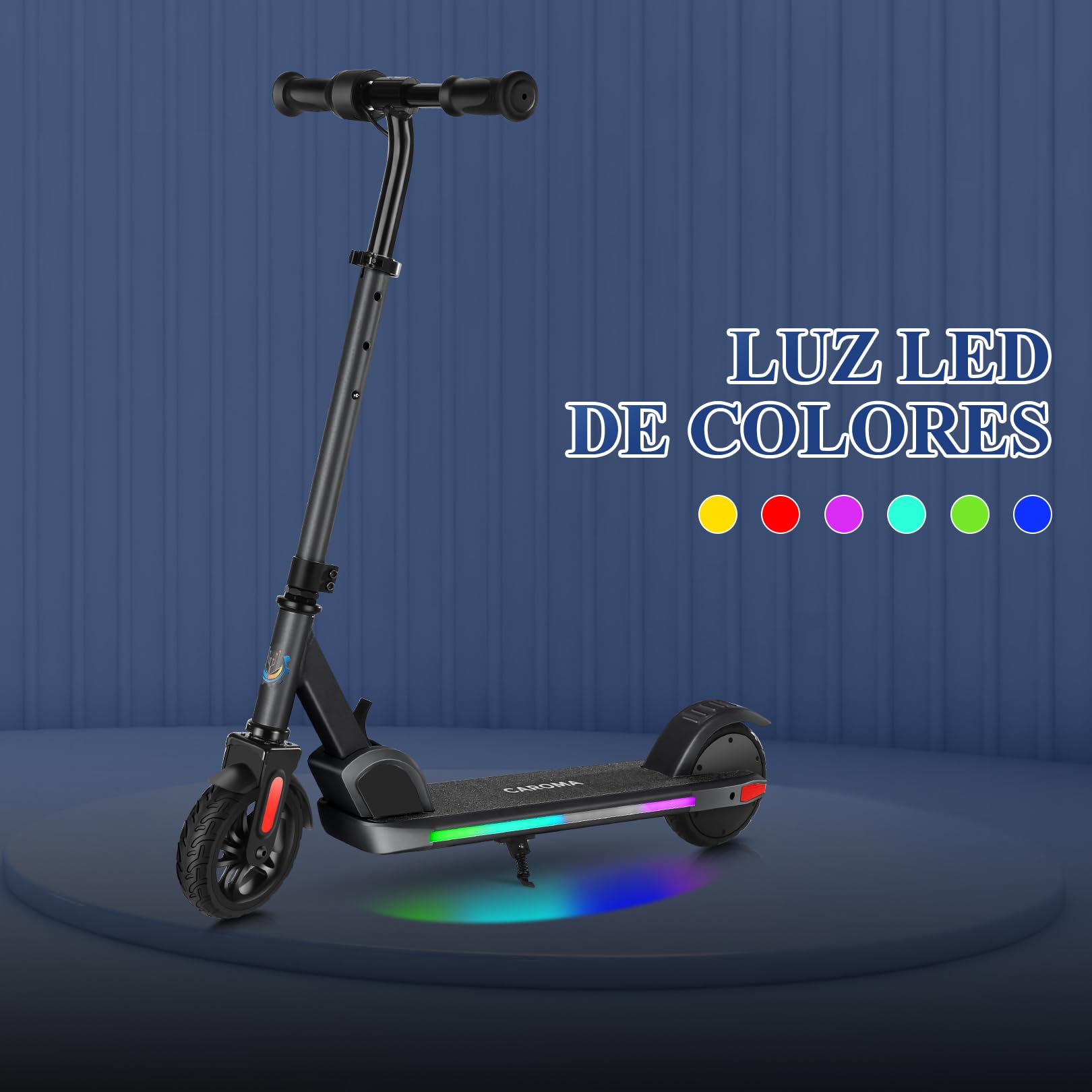 Caroma Patinete E para niños de 6 a 14 años, Motor de 150 W/180 W, 16 km/h, 80 Minutos de Tiempo de conducción, Velocidad y Altura Ajustables, Luces Coloridas, indicador LED, Scooter eléctrico