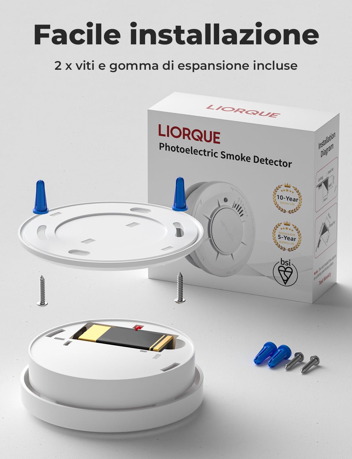 Rilevatore Di Fumo LIORQUE - Batteria 5 Anni, Vita 10 Anni, Certificato EN14604, Allarme 85dB, 1 Pezzo - Foto 6