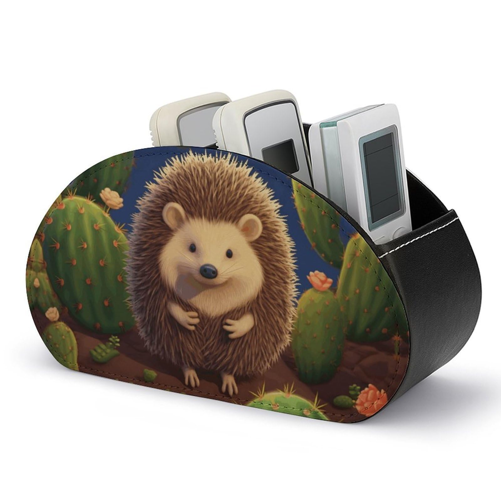 VstaDank Hedgehog Cactus Remote Control Holder with 5 Compartments PU Leather Remote Caddy Desktop Organizer Store TV Remote Control Storage Box for Home Office Desk Nightstand