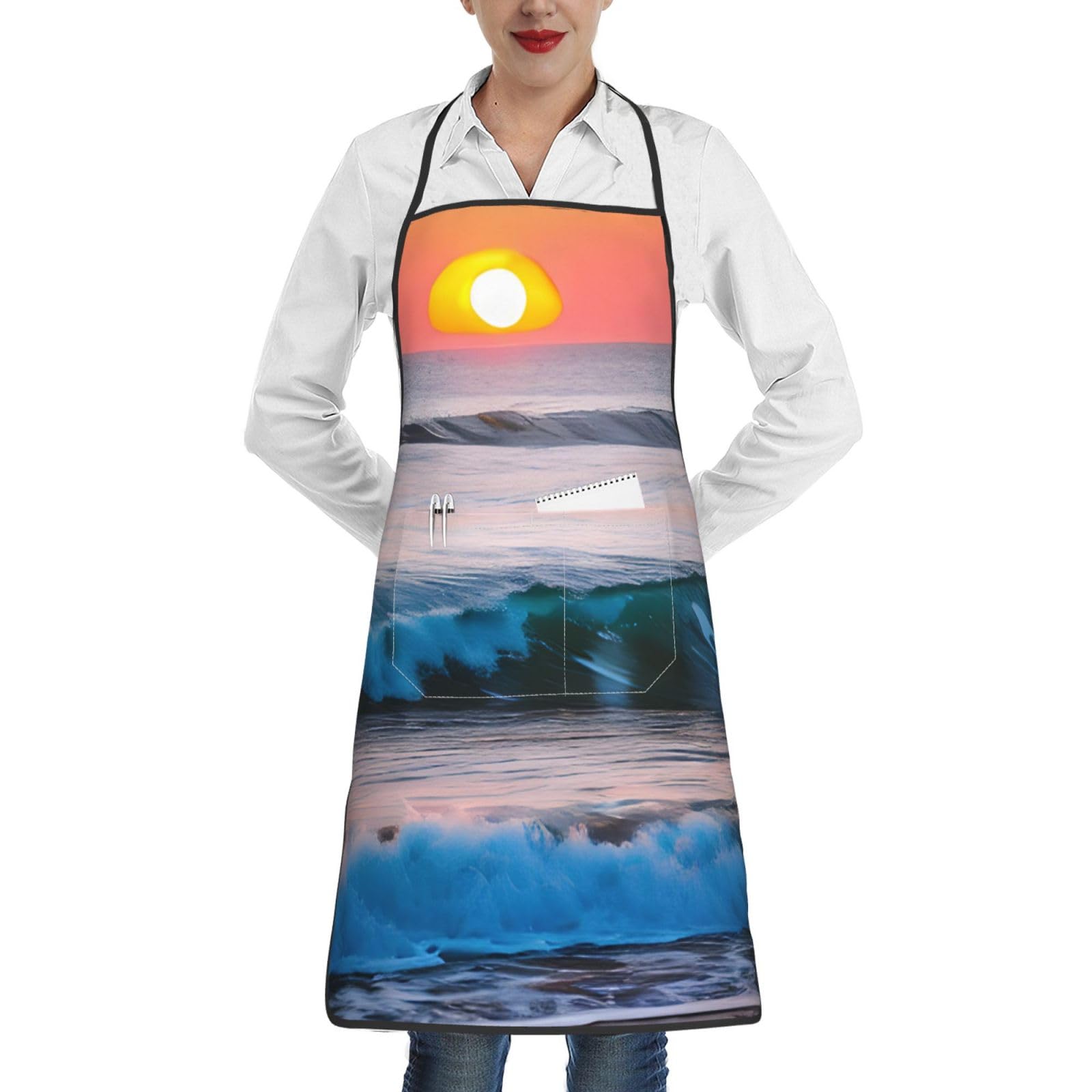 GaxfjRu Sunset And Sunrise With Ocean Sea Waves Apron For Men Women Kitchen Cooking Apron With Pockets, Adjustable Bib Aprons Stain Resistant