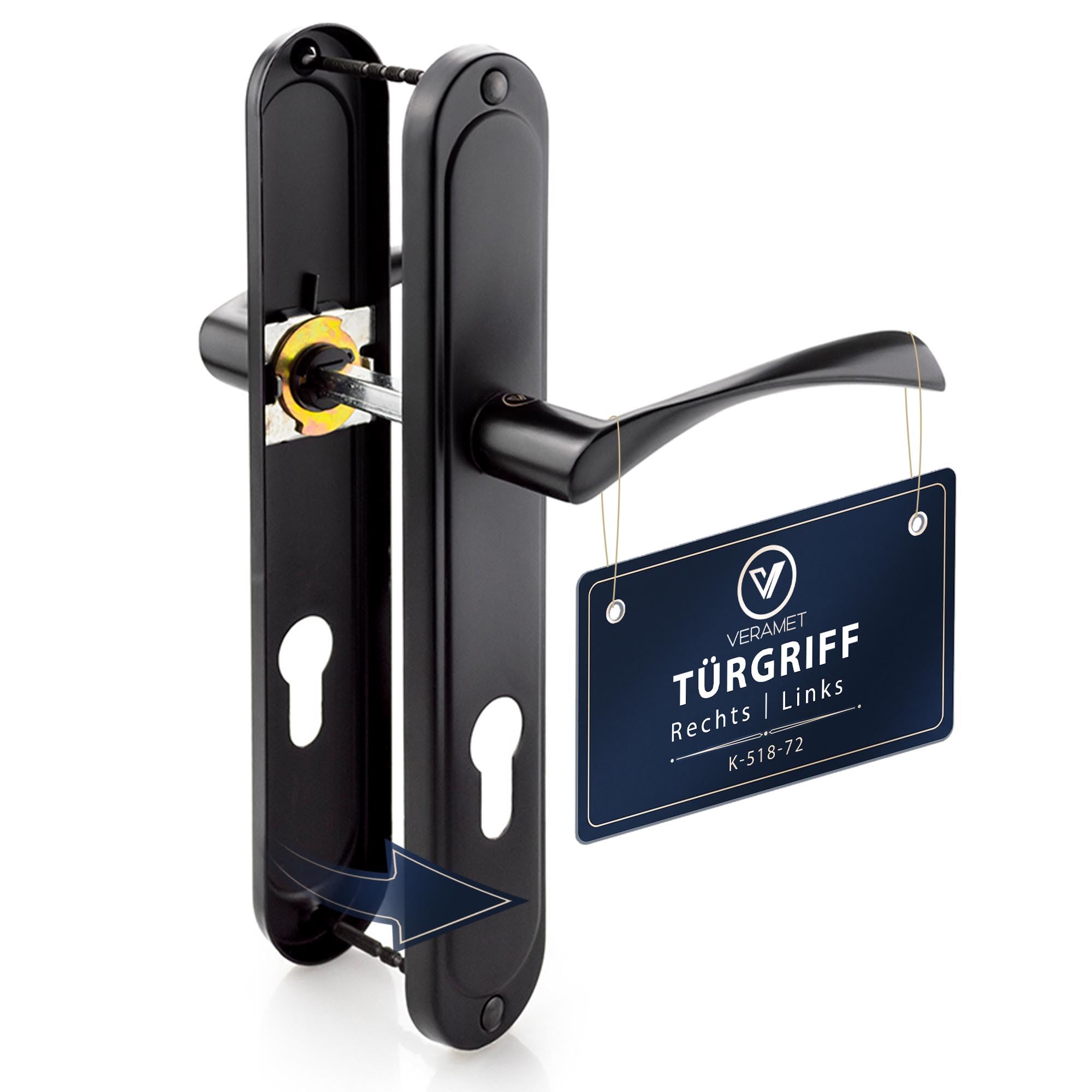 Türklinke Türgriff Drückergarnitur für Außen Haustüren Haustürgriff Nebeneingangstüren Türbeschlag Türdrücker Abstand 72mm Set DIN Links Rechts PZ Langschild Tür 40-62mm Schwarz - K-517-72 P2