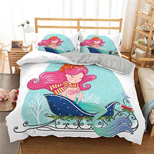 QDoodePoyer 3 Piezas de Funda de edredón Plisada de Microfibra Suave de tamaño con Cierre de Cremallera y 2 Fundas de Almohada de Microfibra Suave 260x220cm Rosa Moda Animal Sirena