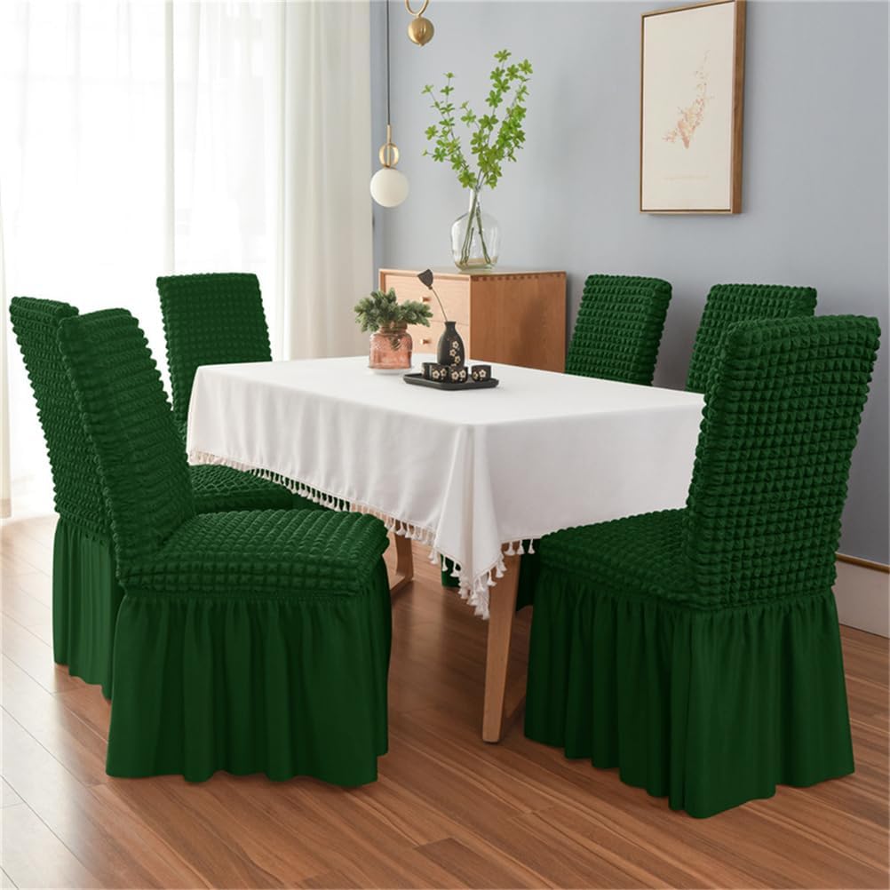 High Stretch Dining Chair Covers, Seersucker Chair Slipcovers Parson Chairs Cover Removable Washable Chair Seat Protector for Home Ceremony Banquet Wedding Hotel,Dark Green,2PCS