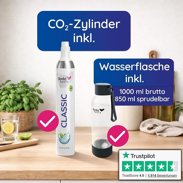UNO Wassersprudler – modular & ohne Strom | kompatibel mit allen CO₂-Zylindern mit Standard-Schraubgewinde | Set inkl. 1L-Wasserflasche & CO₂-Zylinder (Classic) & Flaschentrockner (Schwarz) - 2