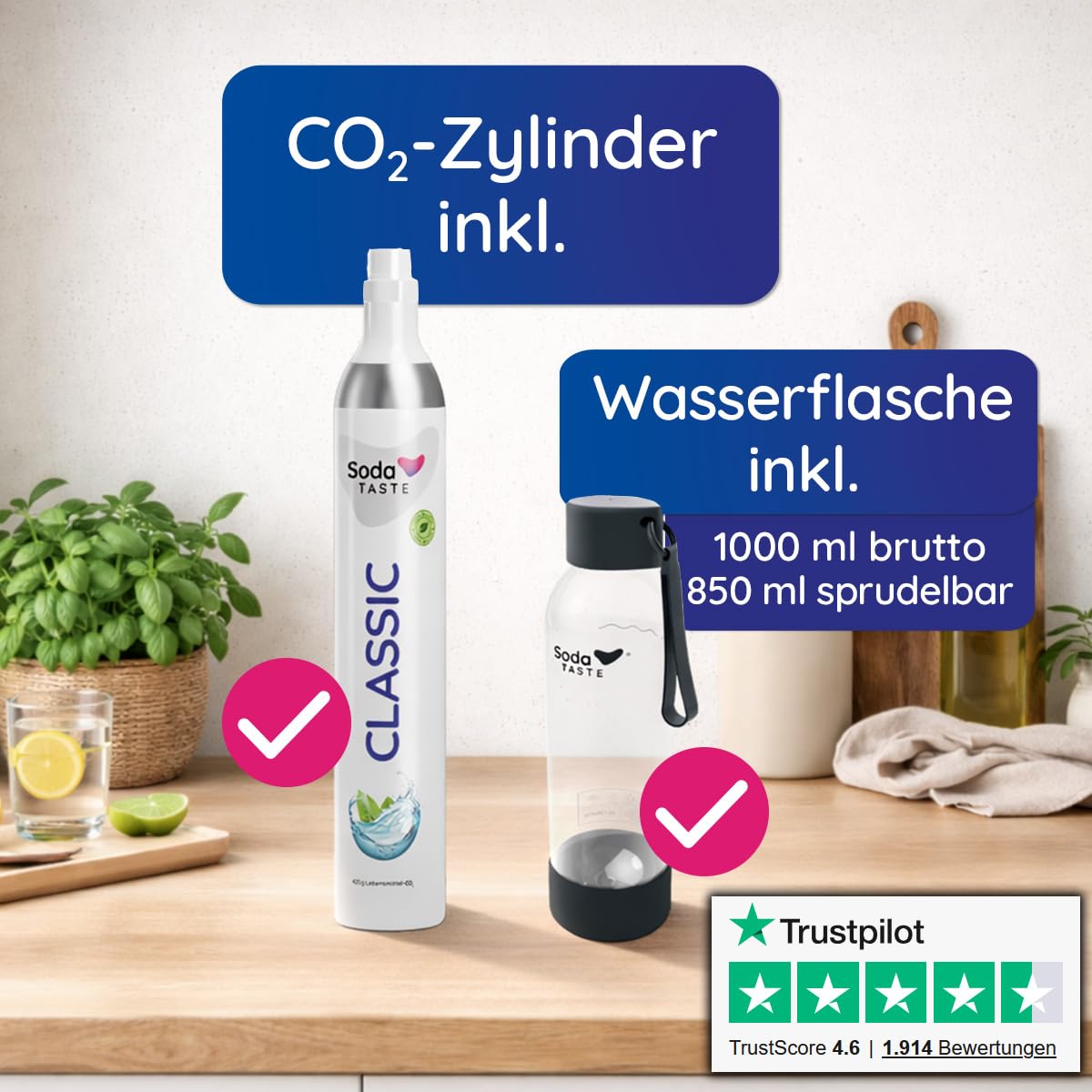 UNO Wassersprudler – modular & ohne Strom | kompatibel mit allen CO₂-Zylindern mit Standard-Schraubgewinde | Set inkl. 1L-Wasserflasche & CO₂-Zylinder (Classic) & Flaschentrockner (Schwarz)