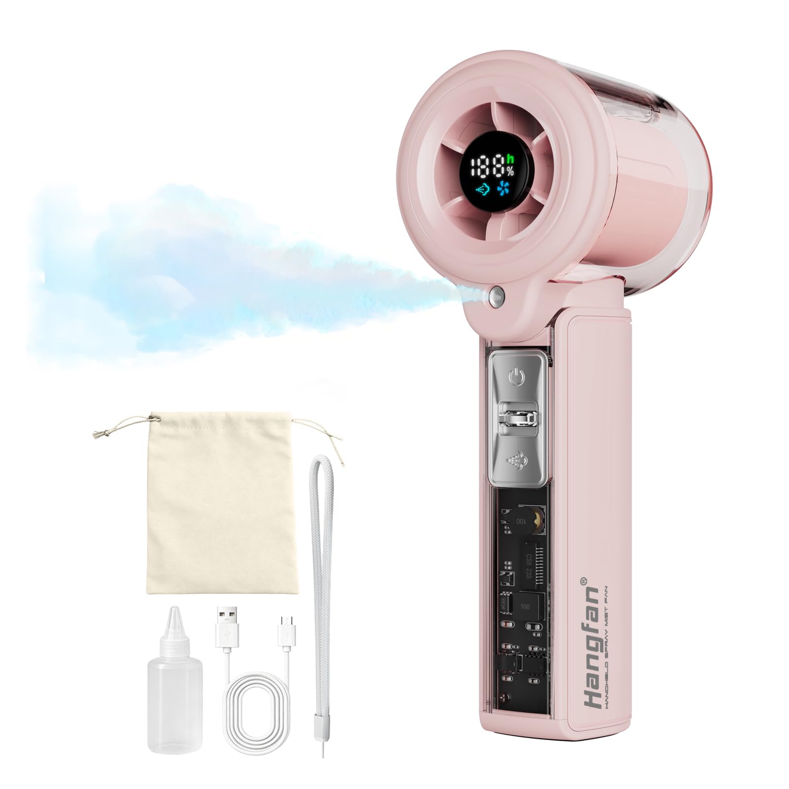 portable Handheld Fan with Mist Spray,1-100 Speed Toggle Button & LED Digital display,extra-large USB Rechargeable battery,20000 RPM Turbo Mini Fan for Travel Makeup Home Office Shopping Concert-Pink