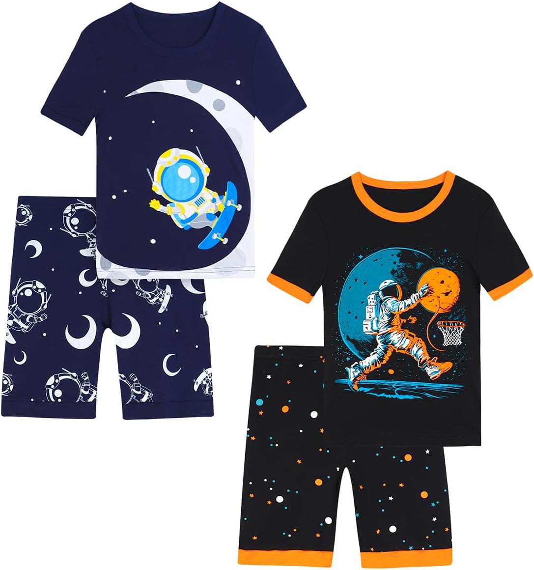 Boys Pajama Set, 4-Piece Cotton Pajamas Short Summer PJs Kids Sleepwear