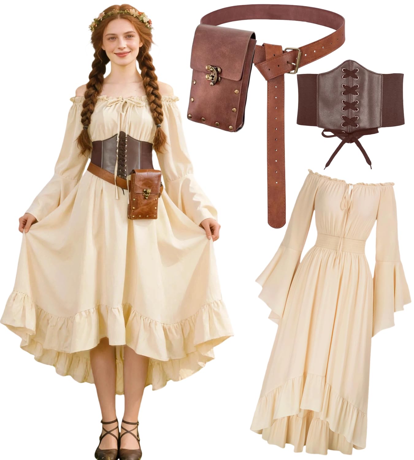 Gumyawl - Disfraz De Pirata Para Mujer, 7 Piezas, Camisa Renacentista, Vestido Medieval Con Collar De Brújula, Conjunto De Pirata Medieval (beige, Mediano