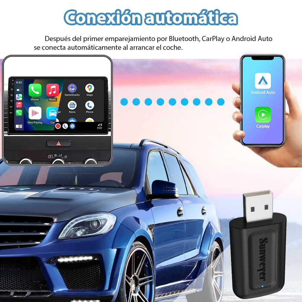 Sunweyer neuester Adaptador Inalámbrico CarPlay & Android Auto 2 IN 1 Dongle,Auto-Conexión,Puerto USB-A, unterstützt Online-Updates, Kabel zu Wireless Adapter (Regular)