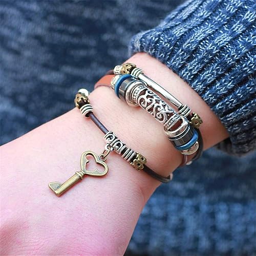Miniatura 4 de Pulseras de cuero bohemio para hombres y mujeres, estilo vintage, punk, aleación de mariposa, llave de mariposa, ajustable, con cuentas, multicapa