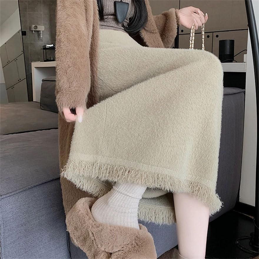 Women Vintage Tassel High Waist Party Long Skirt Fall Winter Straight Wrap Hip Knit Skirts4