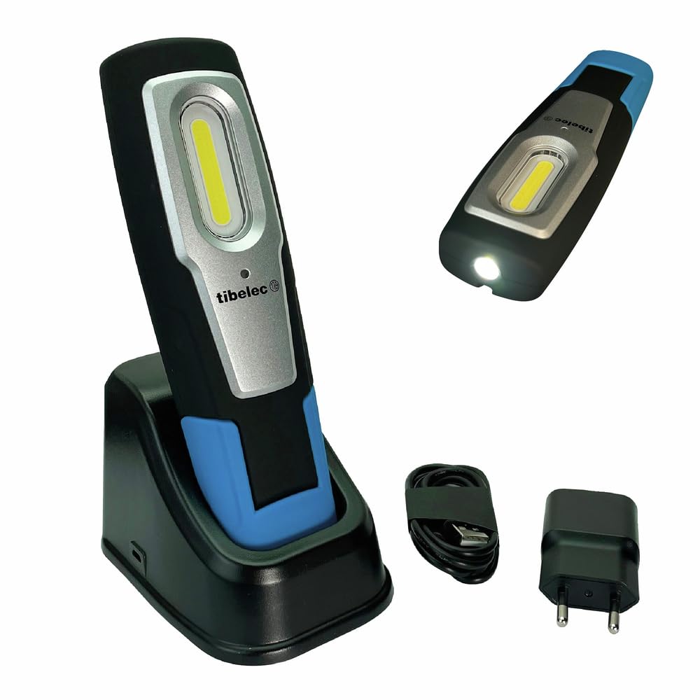Baladeuse LED rechargeable sur socle 6W, 600 lumens, IP54, IK07, crochet, mode torche, aimanté, garantie 3 ans - Tibelec