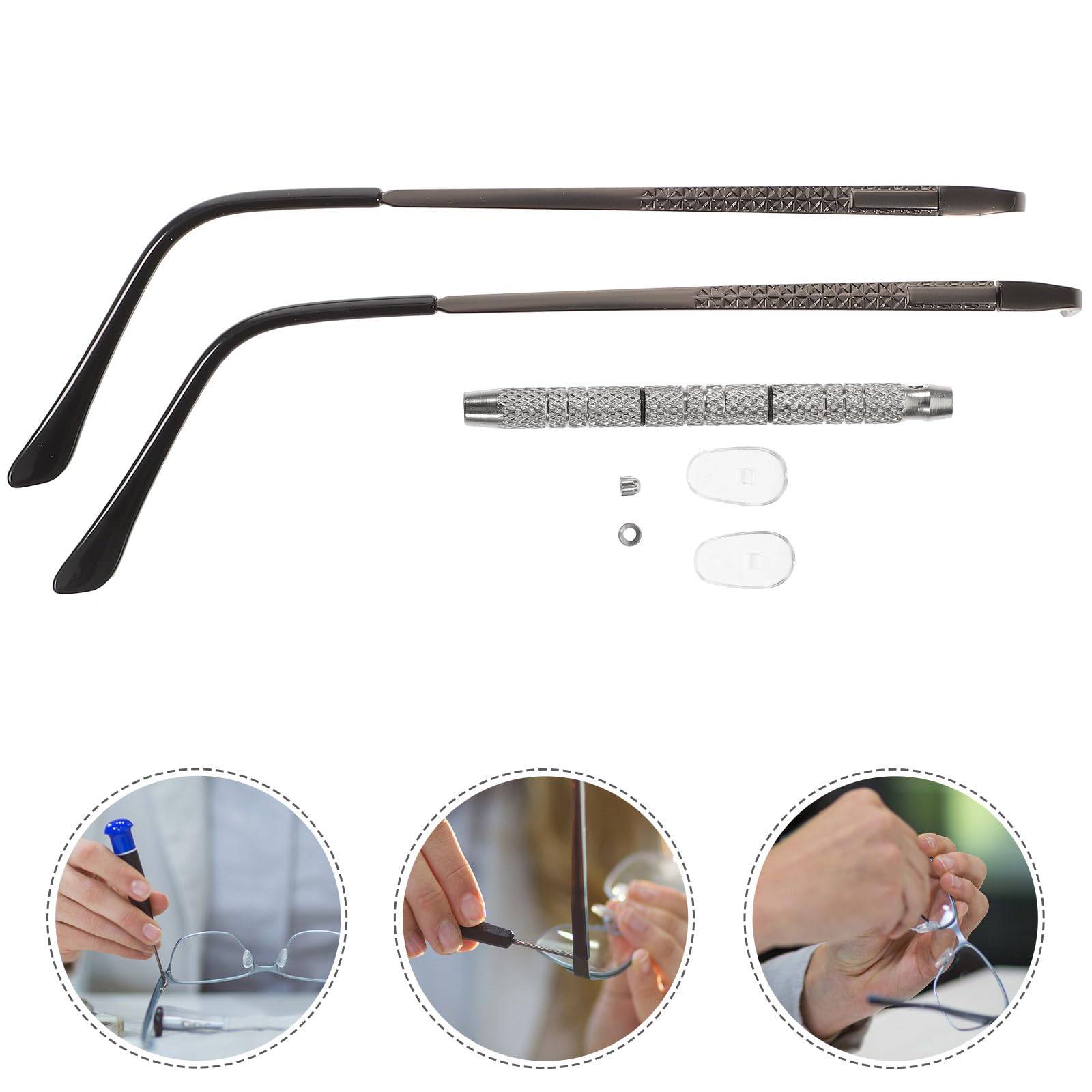 Kit de Reparación de Gafas 1 Par de Patillas Metálicas Color Pistola Destornillador Incluido Piezas de Repuesto para Gafas sin Montura Almohadillas Nasales Antideslizantes