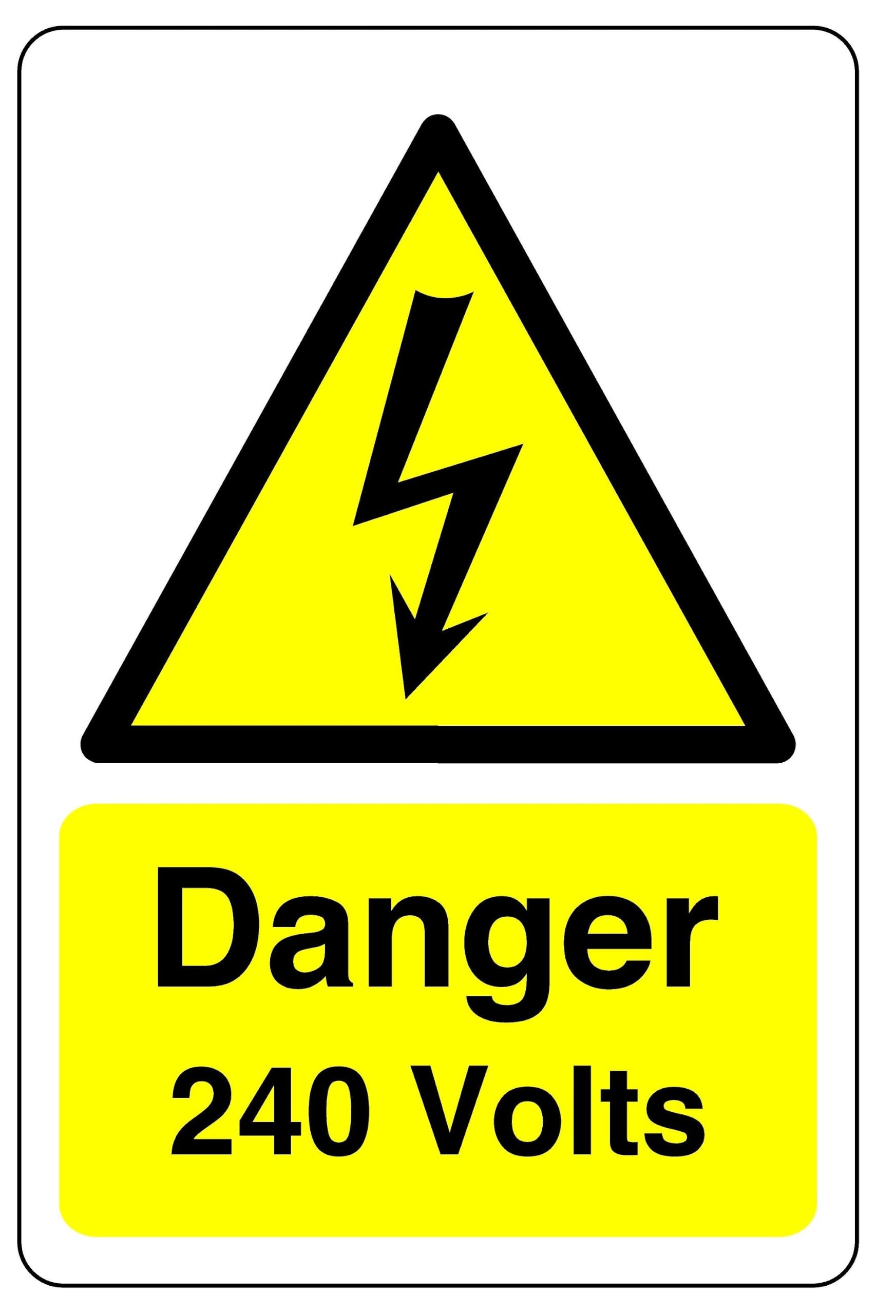 Danger 240 volts sign - High tack self-adhesive sticker (400mm x 300mm) Viewing Distance within 14m.