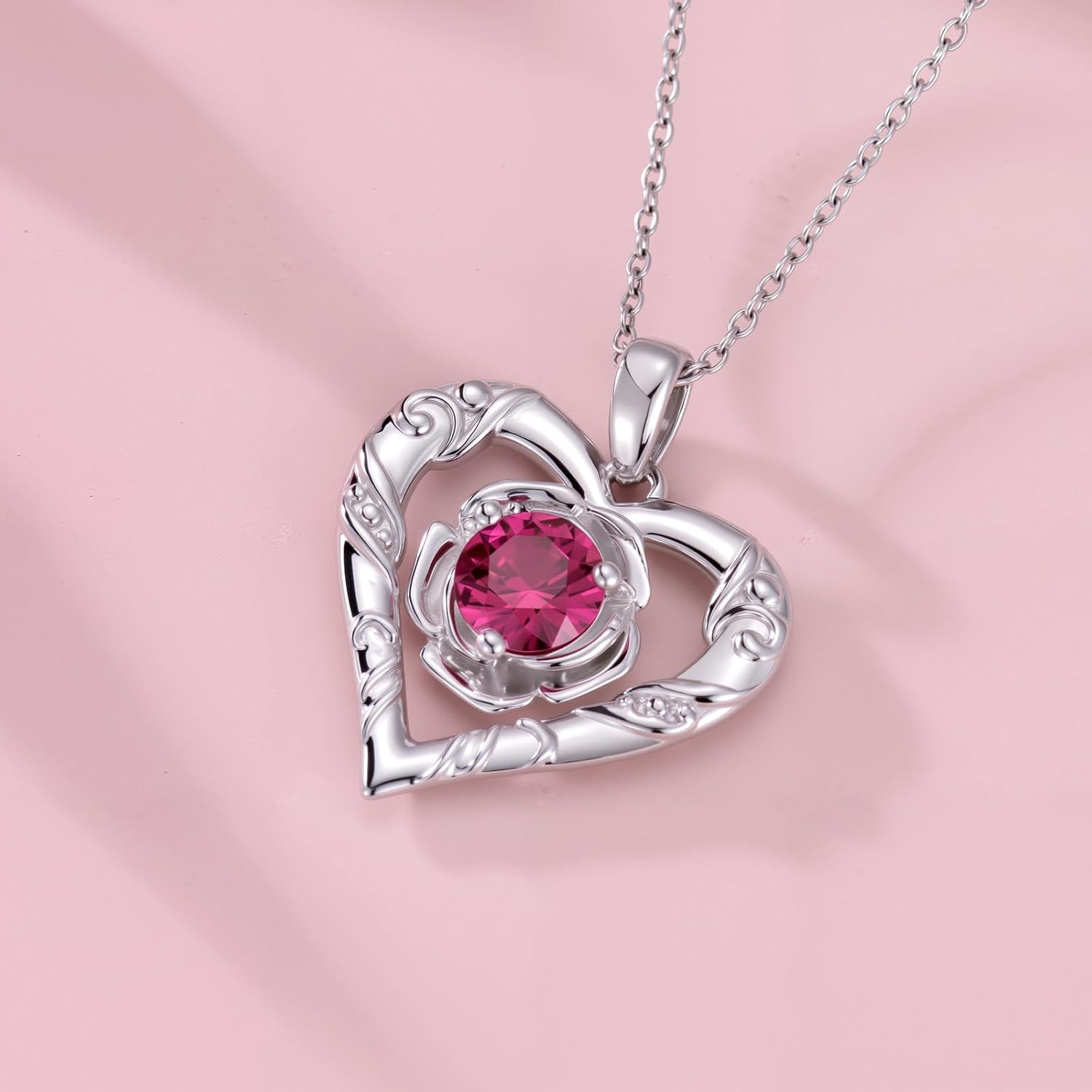 Ruby Love Heart Pendant Necklace for Women - 18"+2" Sterling Silver Chain - White Gold Plated Charm Rose Necklace Gift for Wife Mom Christmas Anniversary - Image 2