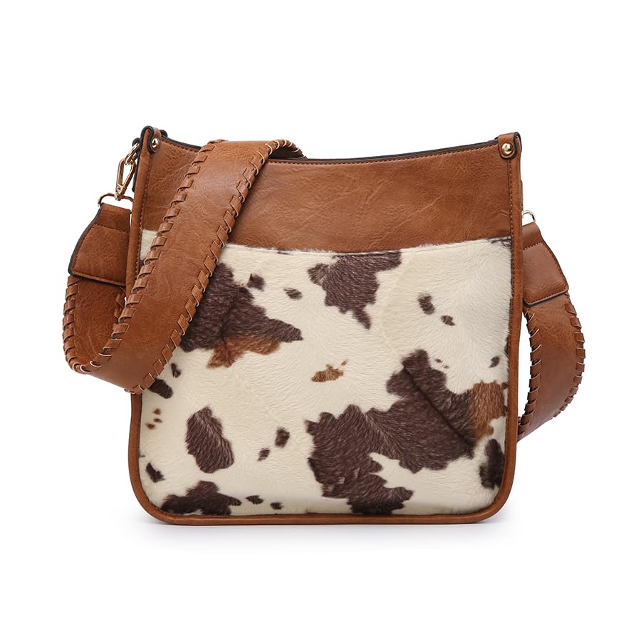 JEN & CO. Chloe Bolsa tiracolo feminina de vaca marrom - bolsa de couro vegano, frente de pele sintética, perfeita para festas e presentes, Marrom