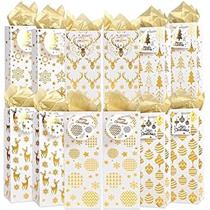 LOKIPA Christmas Wine Gift Bags,12 Pack Gold Foil Paper Wine Bottle Bags with Tissue Paper and Name Tags for Christmas, Wedding,Wine Tasting,Home Party