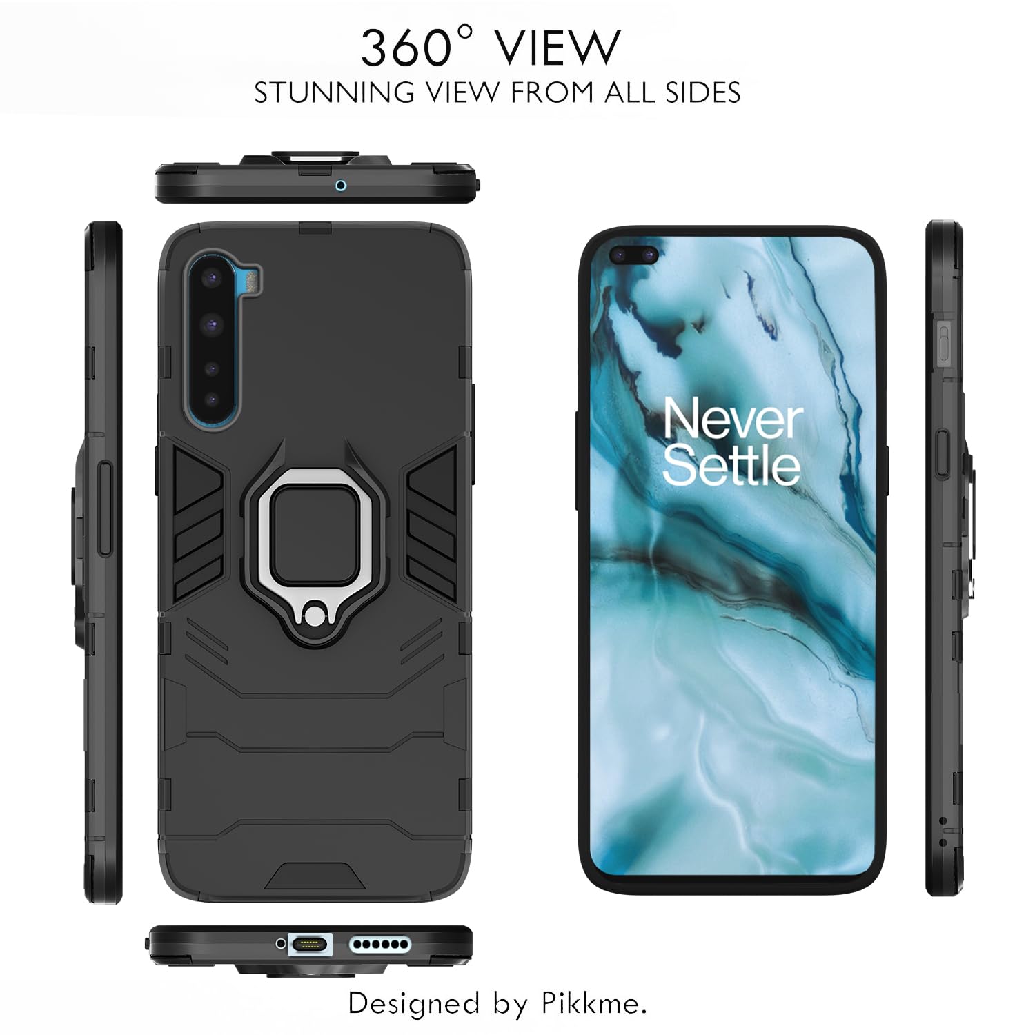 Pikkme OnePlus Nord (2020) Back Cover | D5 Tough Armor Bumper | 360 Protection Case | Ring Holder Stand Case for OnePlus Nord (2020) (Black) 1