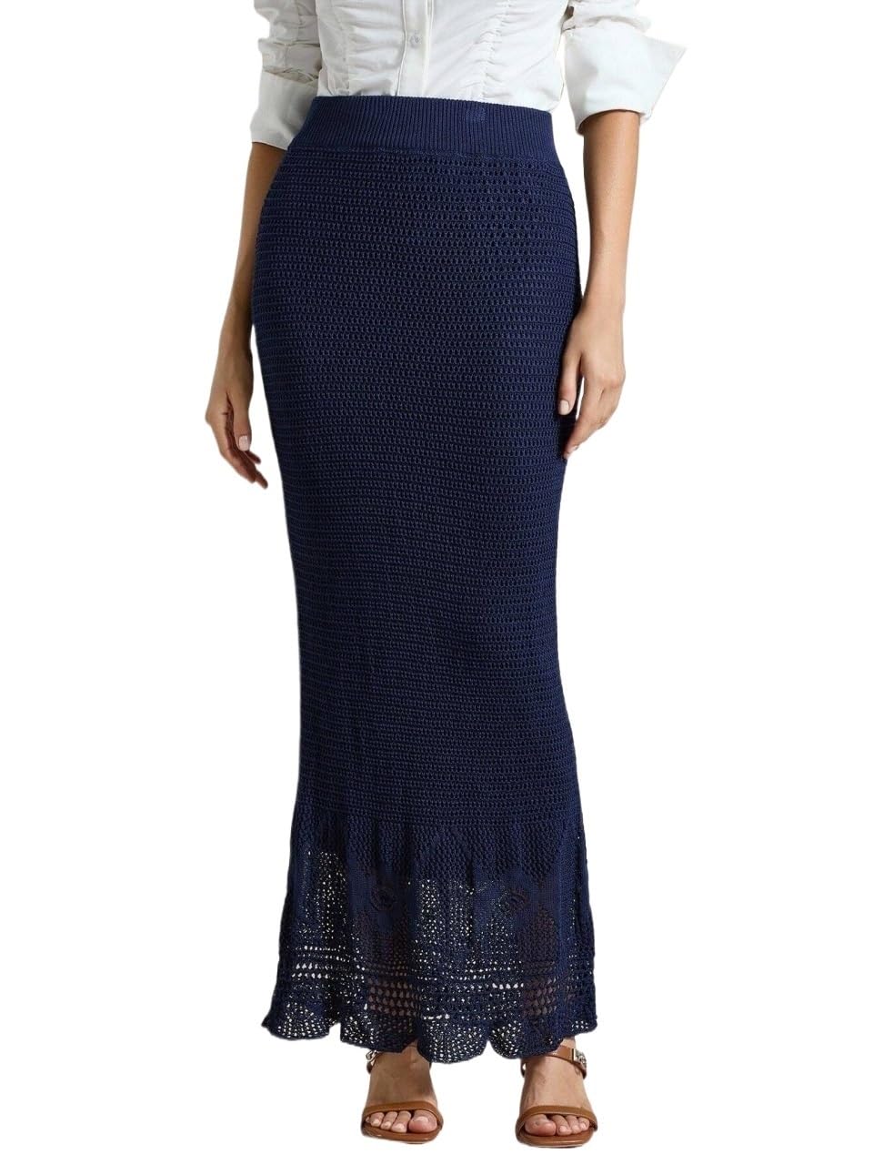 Solid Color Elastic Waist Hollow Long Fit Knit Midi Skirt Womens Basic Versatile Trendy Skirt