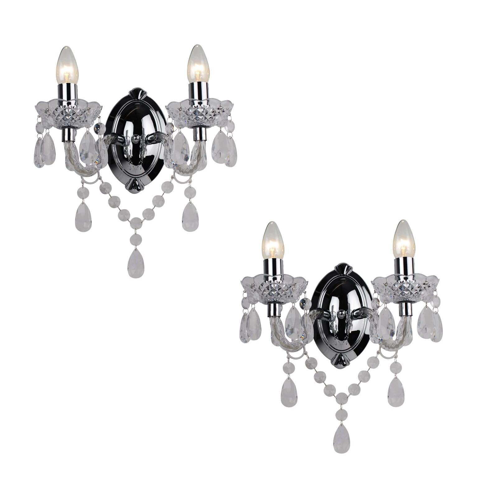 2 x Clear Acrylic and Chrome Marie Therese Style Twin Wall Light