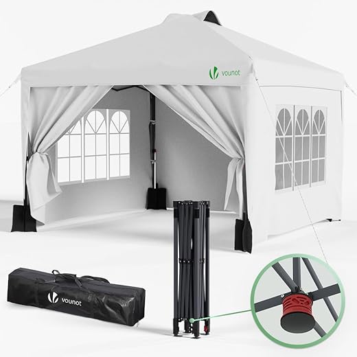 VOUNOT Carpa Plegable Gazebo 3x3m Botón Central, Cenador Pabellón de Jardín con Paredes Laterales, Sacos Arena y Bolsa de Transporte, Pérgola Tienda Protección UV para Camping Fiestas Exterior, Blanco