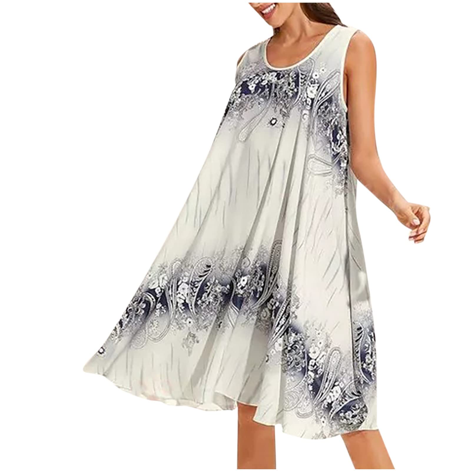 AMhomelySummer Dresses for Women UK Plus Size Sleeveless Floral Casual Midi Dress Beach Loose Sundress Ladies Trendy Tunic Dresses Activewear Dresses for Vacation Cocktail Formal Work Wedding