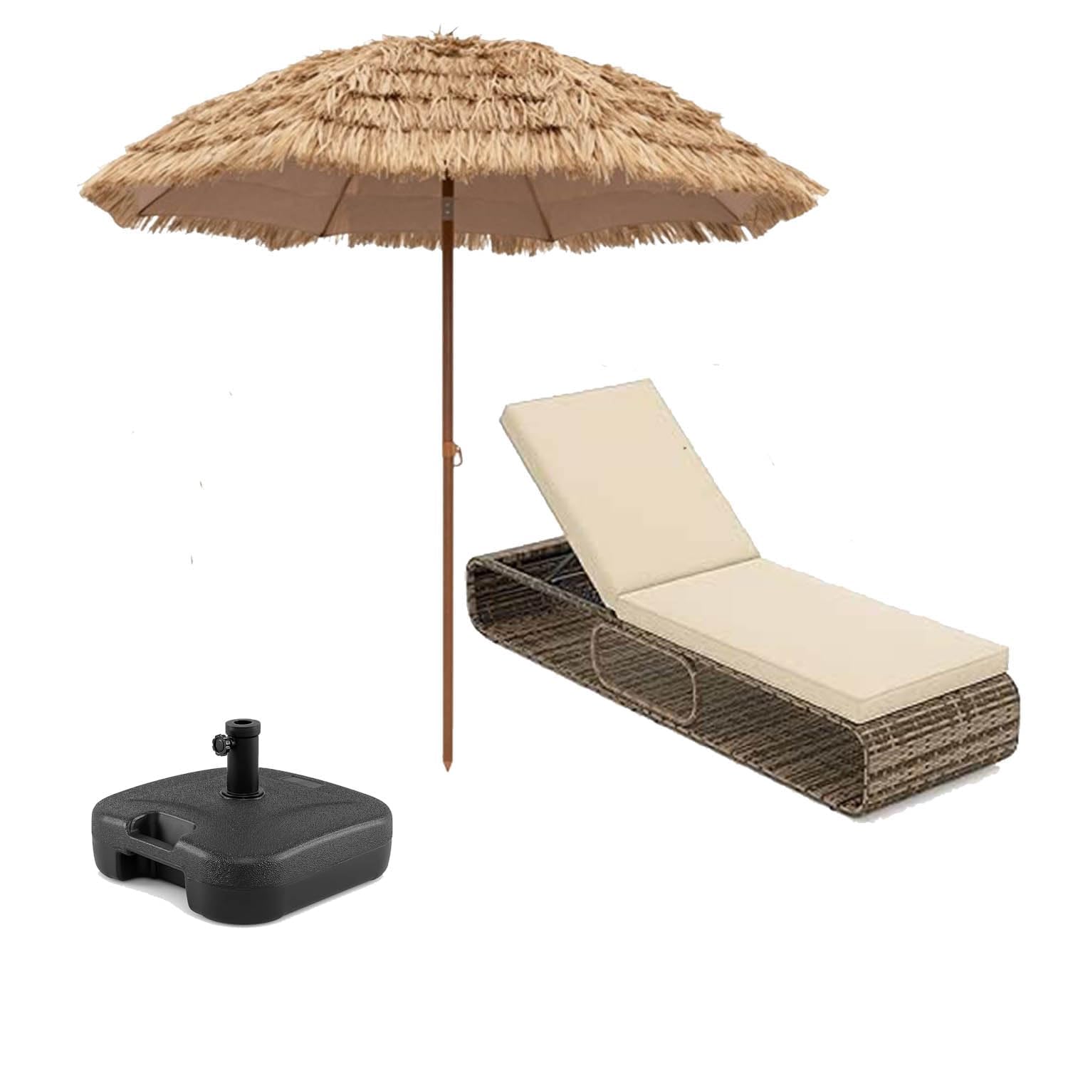 GOPLUS Conjunto de 3 piezas de Muebles, Sombrilla Paja Inclinable 2,2 M, Tumbona Jardin de Ratan Reclinable en 7 Posiciones, Base Sombrilla de HDPE para Mástiles de 33/39/48/55 mm (1, amarillo, Ratán)