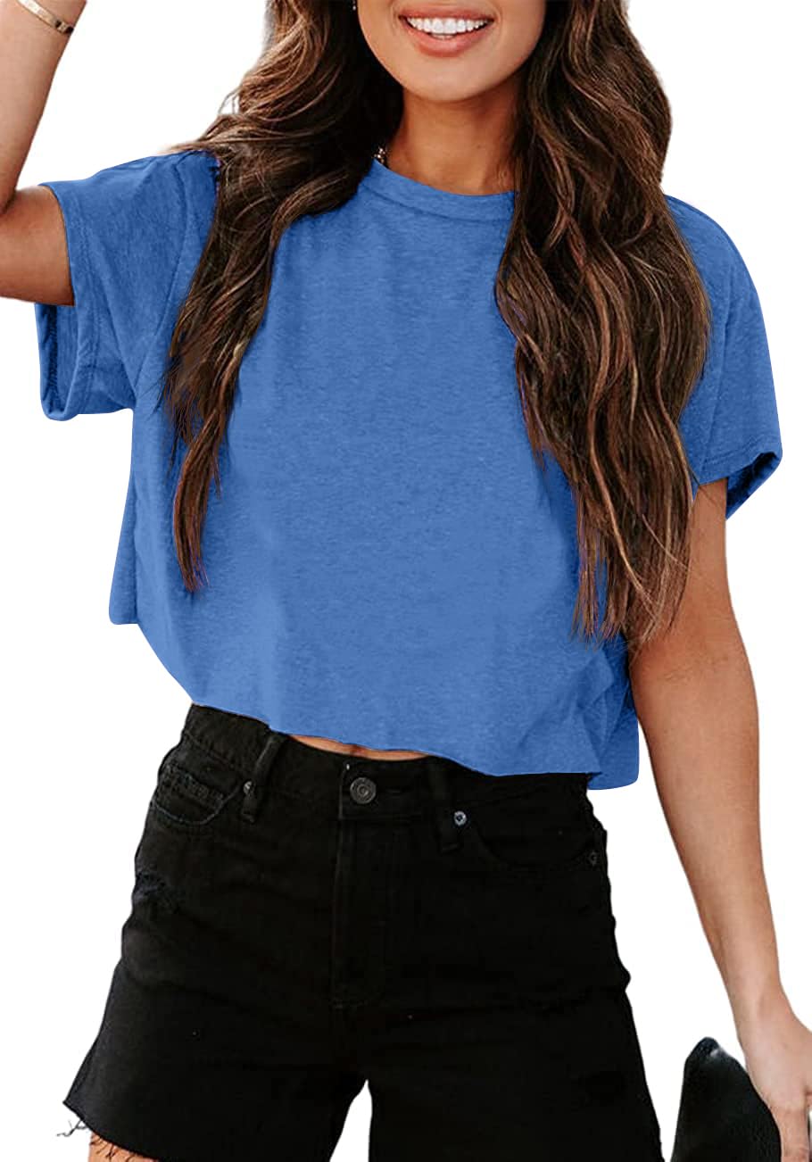 Tankaneo Crop Tops Damen Oversize Sport Oberteile Cropped Shirts Rundhals Loose Bauchfrei Sommertop Kurz T-Shirts.