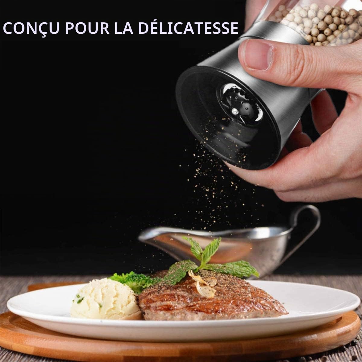 Moulin à poivre en acier inoxydable avec corps en verre, broyeur manuel en céramique réglable pour épices et herbes