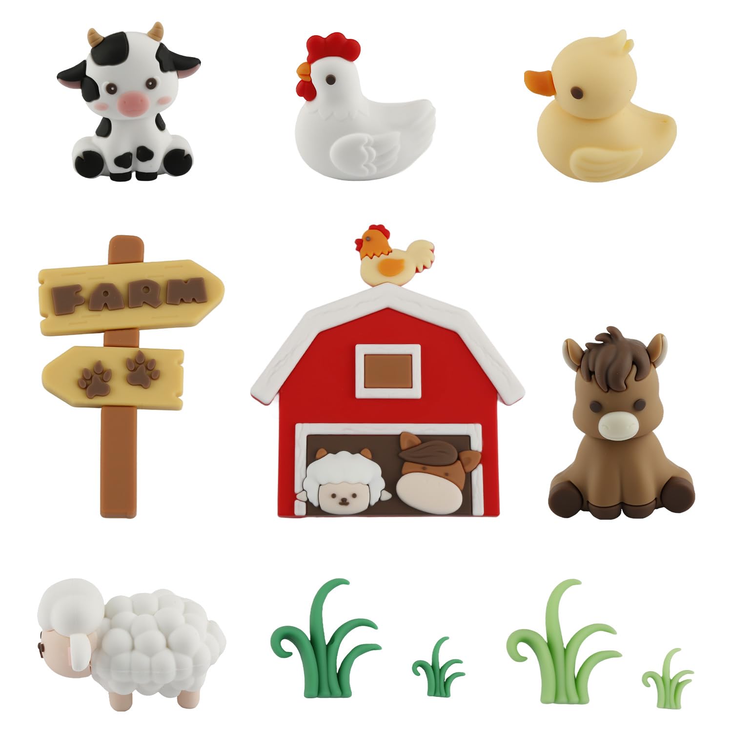 Wellrun 9pcs Farm Animal Cake Decorations,Cute 3D Cartoon Farm Cake Topper Set with Cow Pig Duck Sheep Chicken Red Barn Grass Signpost for Birthday Party Dessert Table Display