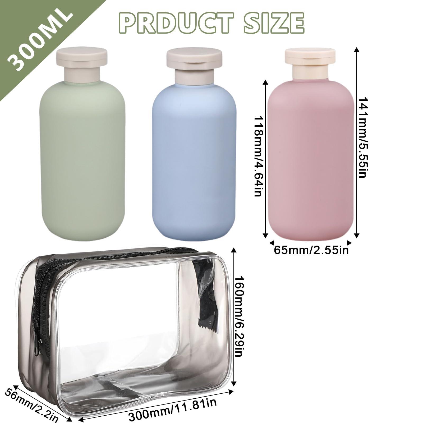 3 Pezzi Bottiglie da Viaggio in Silicone 300ml Contenitori da Viaggio Kit Viaggio Liquidi con Borsa da Toilette e Etichetta,Boccette da Viaggio per Shampoo e Balsamo Liquidi