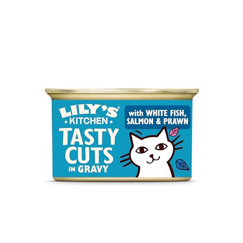 Lily’s Kitchen Tasty Cuts in Gravy with White Fish, Salmon & Prawn, Complete Nutrition, Cat Wet Food (24x85g) Tin, for Adult Cats, With Freshly Prepared Meat, offal & fish, Grain-free Recipe