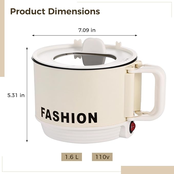 Olla Eléctrica Mini para Ramen, 1.6L Antiadherente con Mango Plegable miniatura 2