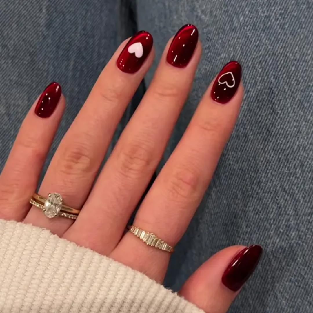 Gloss & Go 24 Reusable Artificial Fake Nail Set| Dark Red Color With White Heart Design Short Rounded Glossy Nails| Lightweight & Long Lasting| Quick Fix For Festivals & Special Occasions