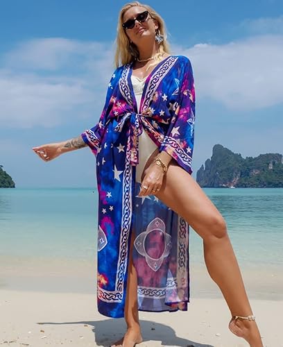 Miniatura 4 de Kimonos con teñido anudado, blusa de playa larga para mujer, salida de baño para playa con cordones, cárdigan holgado con cinturón