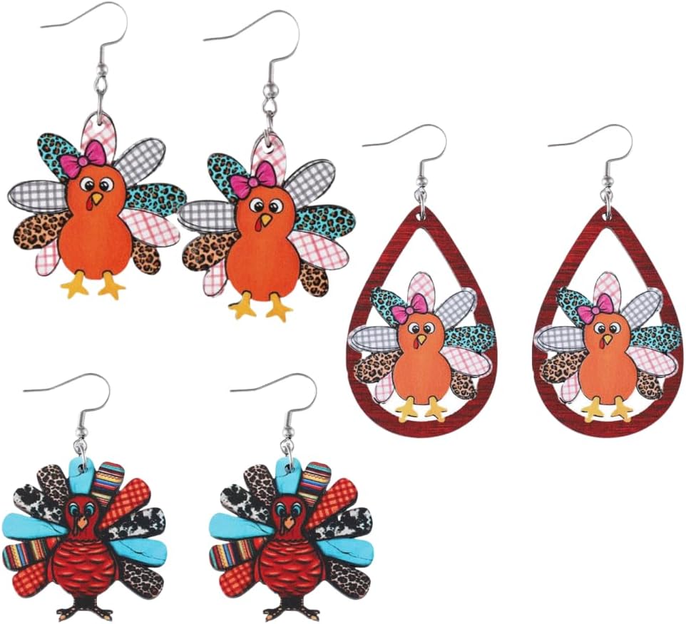 Blue Drop Thanksgiving Earrings for Women Wooden Drop Dangle Leopard Print Turkey Chicken Earrings Fall Autumn Thanksgiving Party Jewelry - Image 6