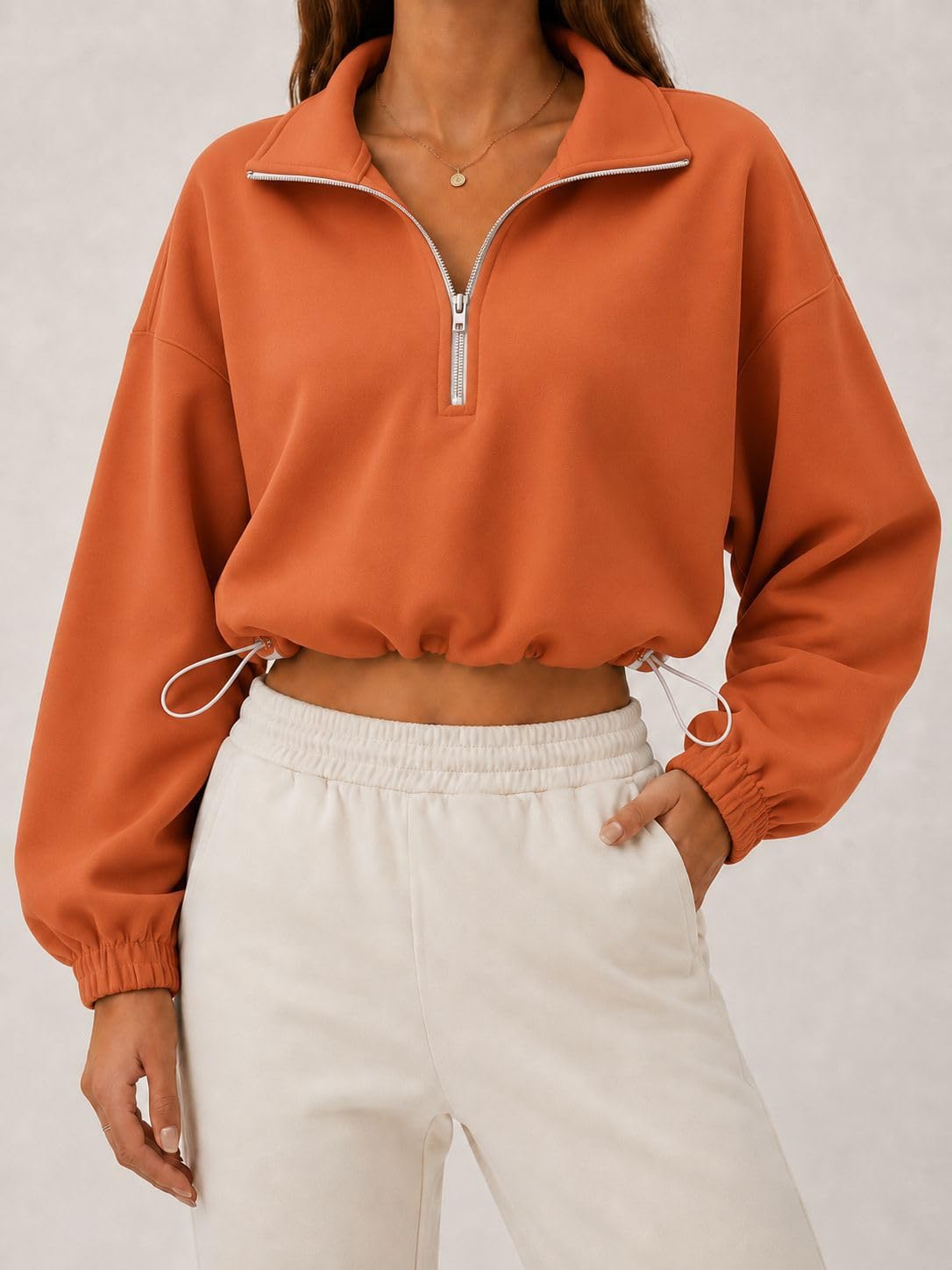 Sweat Femme Demi Zip Court Col Montant Pull avec Cordon Décontracté