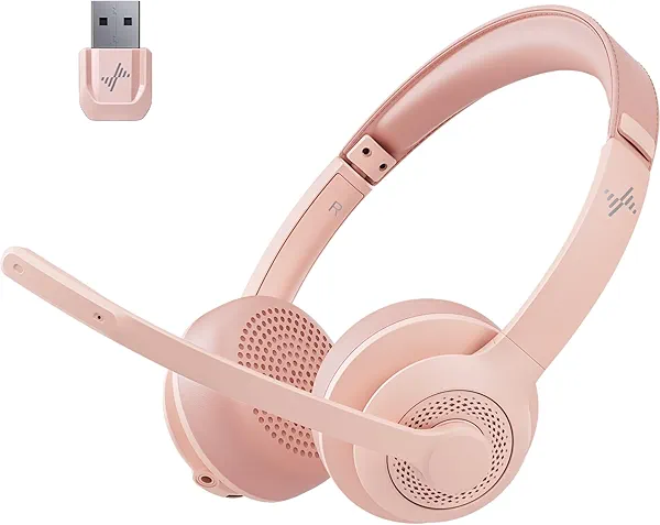 JIAMQISHI Wireless Headset with AI Noise Cancelling Microphone Bluetooth Headset - Bluetooth V5.2 Headphones with USB Dongle & Mic Mute for Computer/Laptop/PC/iPhone/Android/Cell Phones (Pink)