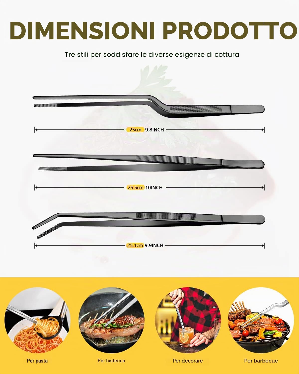 Set di pinzette da cucina, pinze professionali per alimenti in acciaio inox, pinzetta da cucina nera lunga per cucinare, impiattare, decorare e barbecue (NERO, 25,5 CM)