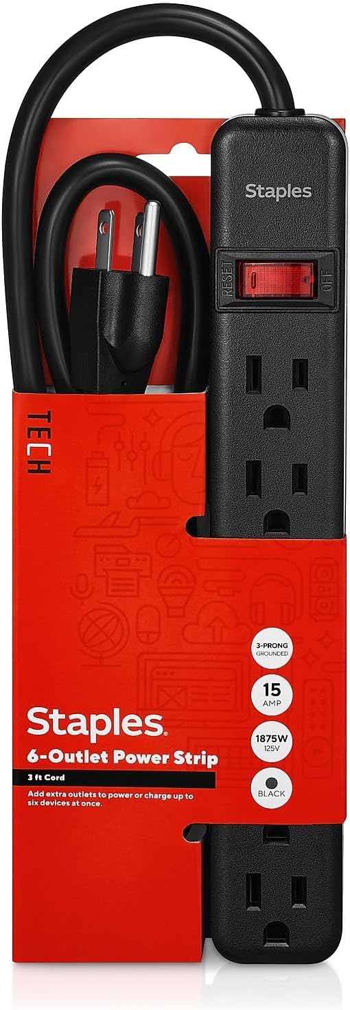 Staples 6‑Outlet Power Strip – 3 ft. Extension Cord for Home, Office & Dorm Room Use, Black