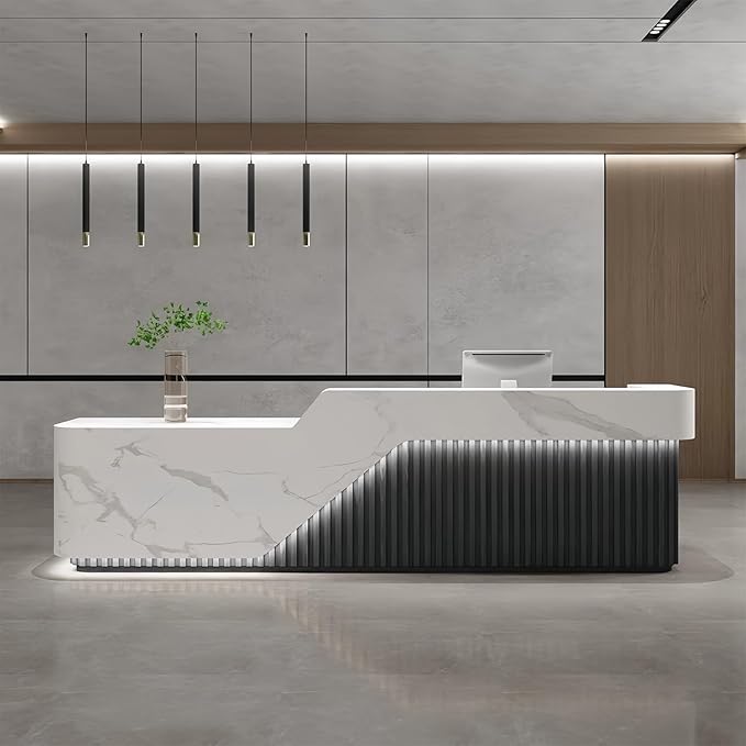 L Shape Reception Desk - Modern Front Desk with Counter and Hidden LED Light, No Assembly Required, Solid Wood Retail Counter- Perfect for Office, Checkout Counter & Retail Counter Use
