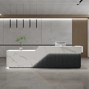 L Shape Reception Desk - Modern Front Desk with Counter and Hidden LED Light, No Assembly Required, Solid Wood Retail Counter- Perfect for Office, Checkout Counter & Retail Counter Use