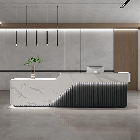 L Shape Reception Desk - Modern Front Desk with Counter and Hidden LED Light, No Assembly Required, Solid Wood Retail Counter- Perfect for Office, Checkout Counter & Retail Counter Use