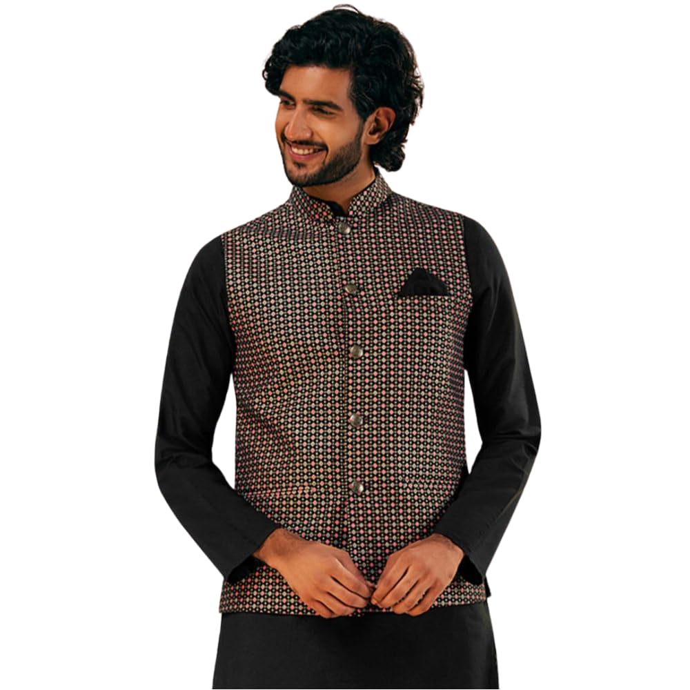 kisah Men's Nehru Jacket, Black Pure Cotton, Woven Design Regular Fit Mandarin Collar Sleeveless (S)-picture-25