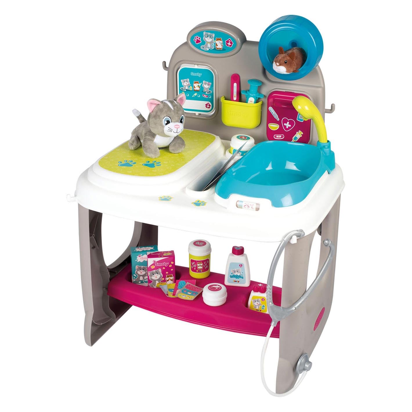 Smoby - Centre Vétérinaire - Clinique Animaux - Jouet pour Enfant - Peluches Chaton Plus Hamster Incluses - 18 Accessoires Médicaux - 340404 - Bleu